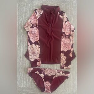 Rash Guard with Bikini Bottoms.  Bottoms size Med, Top size Large.